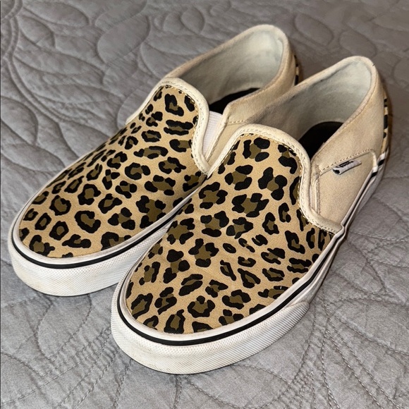 Vans Shoes - Vans Leopard Print Slip-On Sneakers - Tan and Black